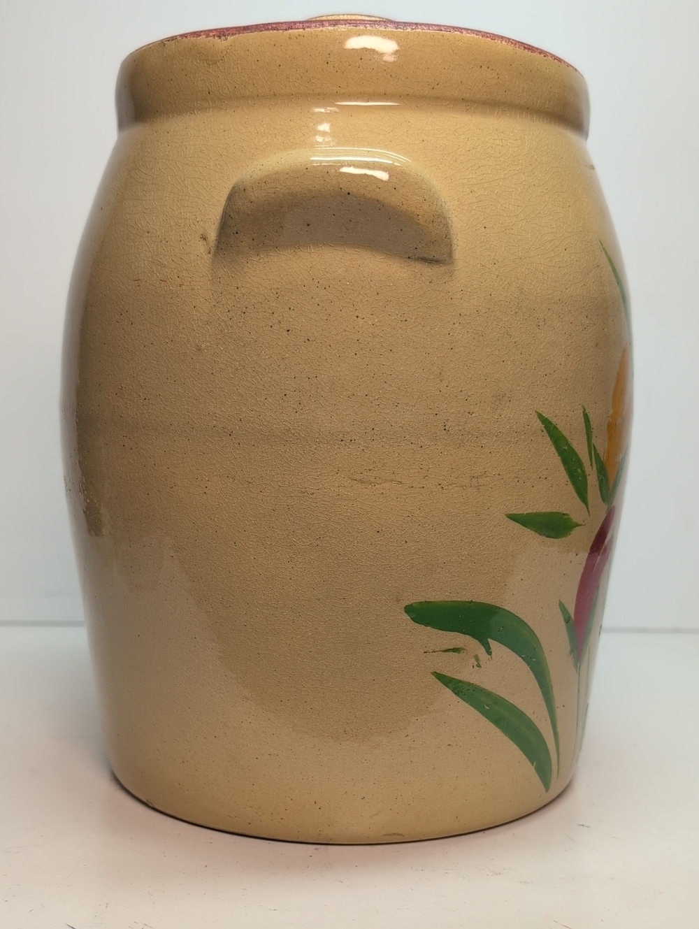 vintage 1930s Ransburg Hand-Painted stoneware cookie jar w/ Red & Yellow floral - Picture 2 of 14